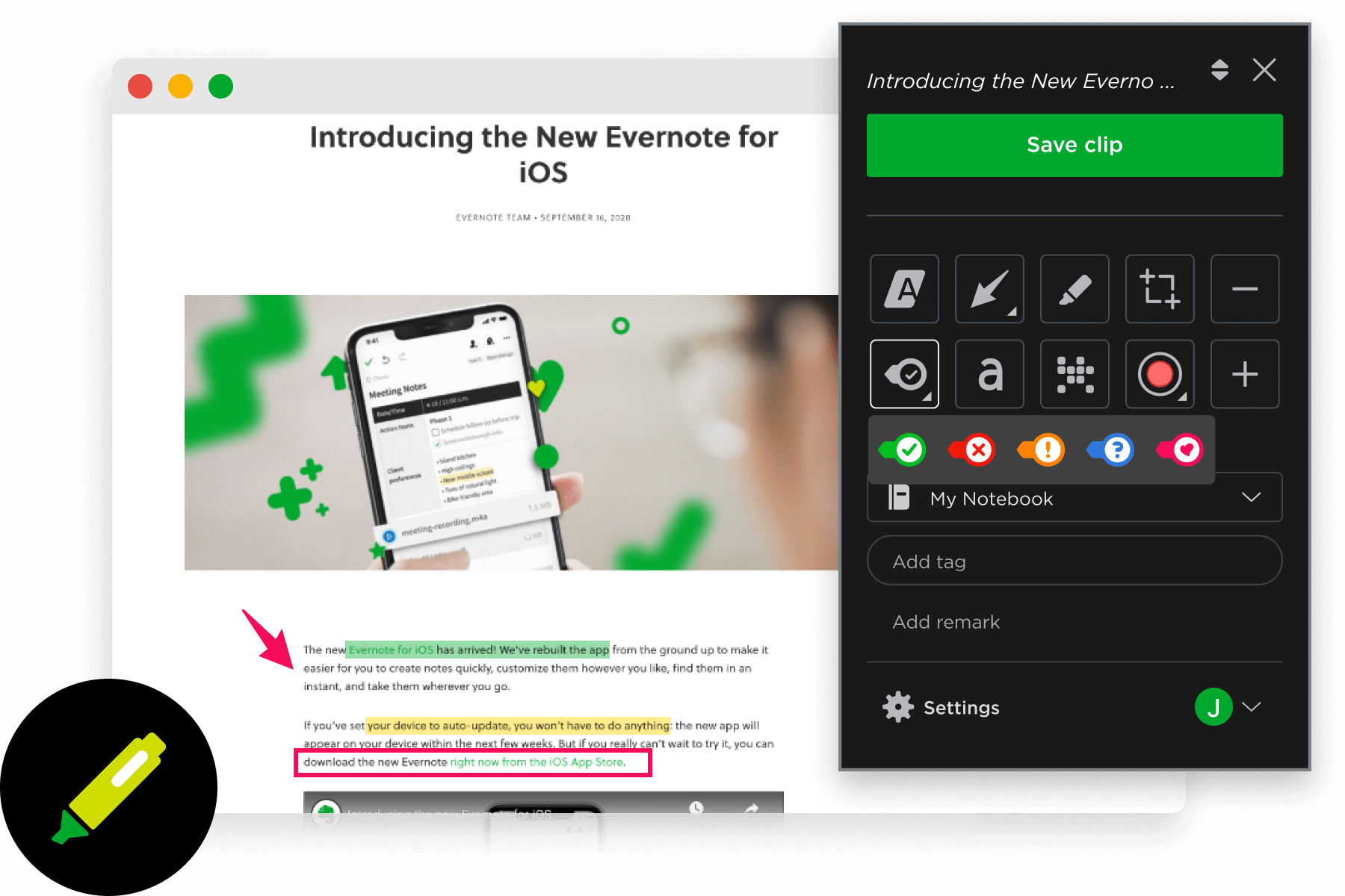 Merkitse näyttökuva Evernote Chrome -sovelluksella