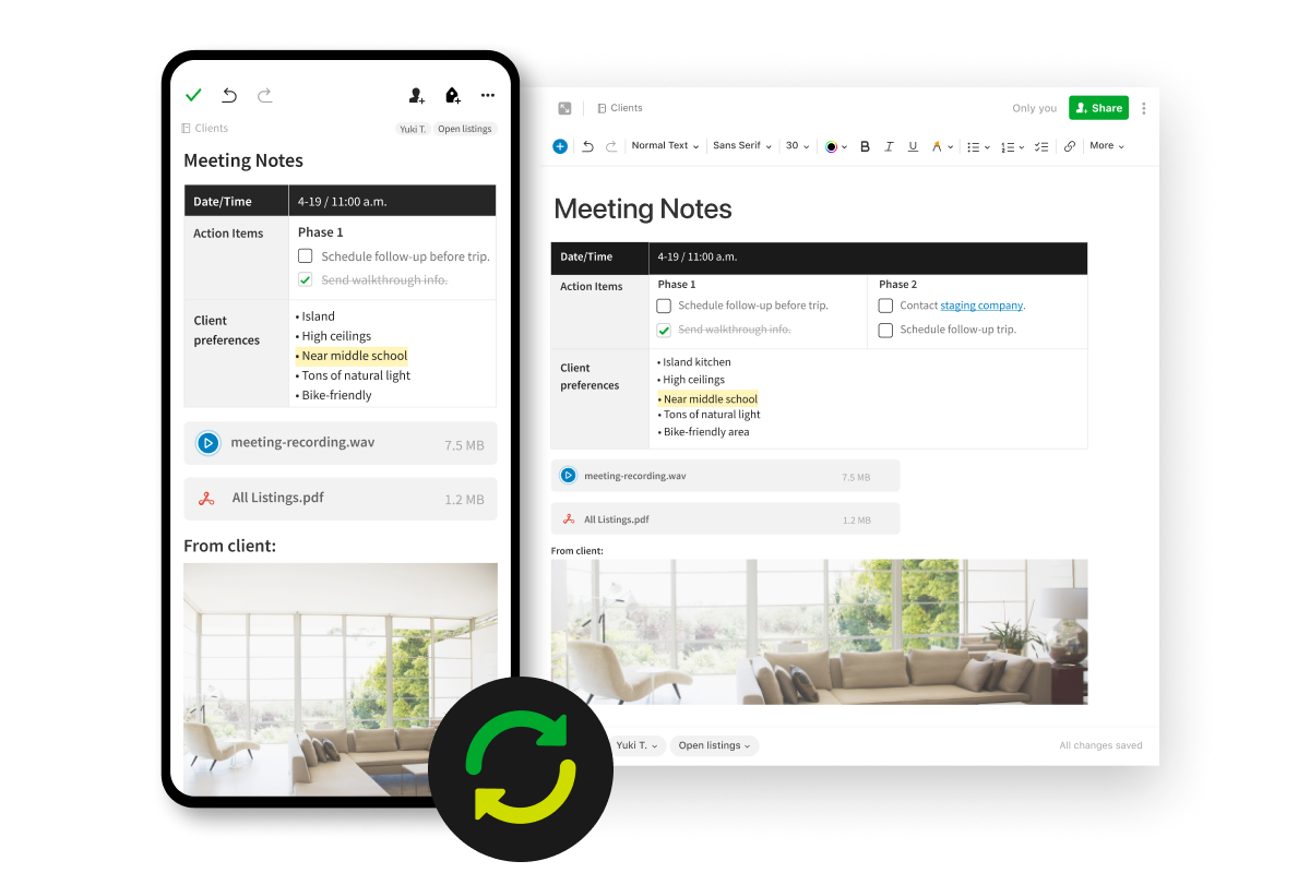 Скриншот того, как лучшее приложение для ведения заметок со встреч синхронизирует заметки онлайн